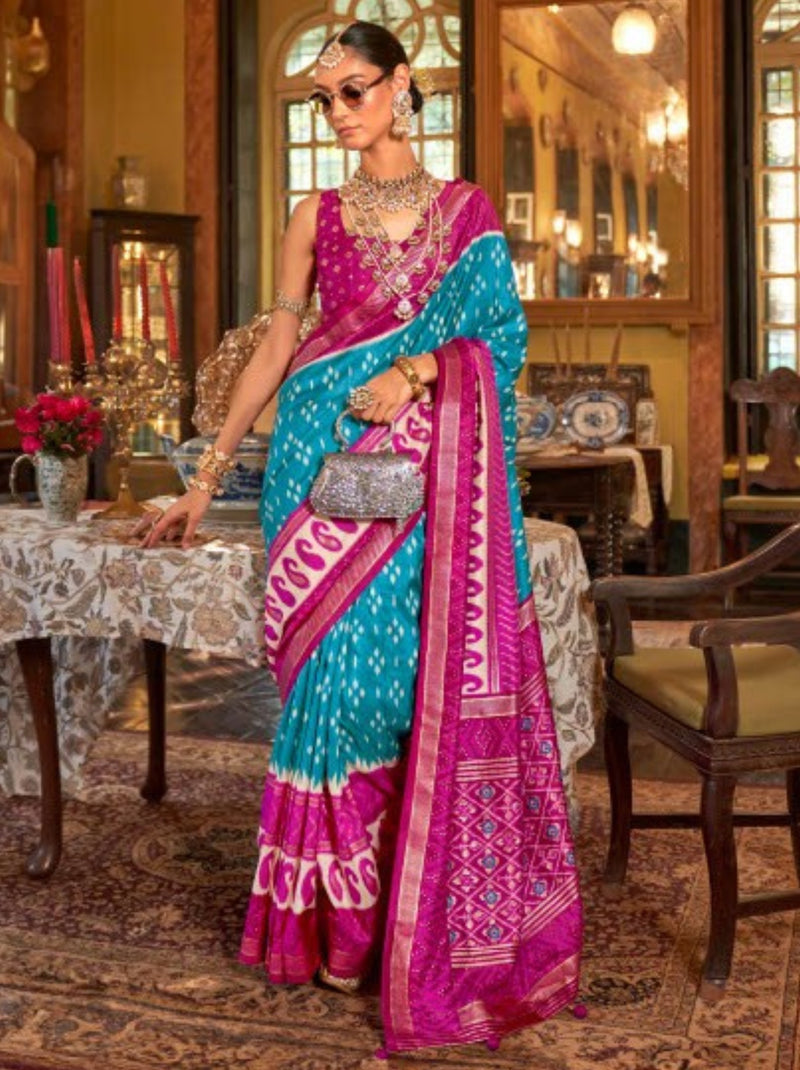 Azure Blue Vibrant Patola Silk Festive Saree