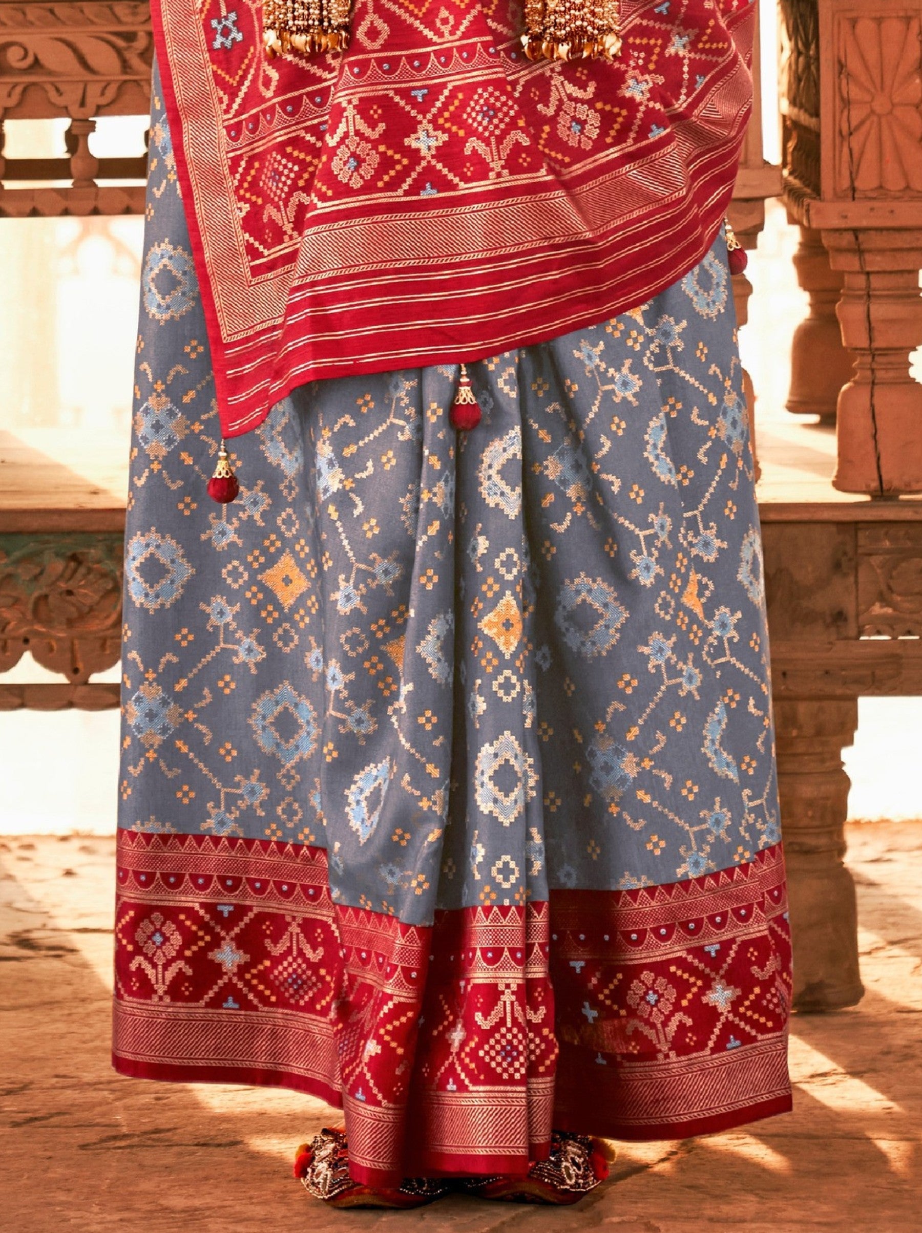 Pigeon Blue Premium Patola Festive Saree - TrendOye