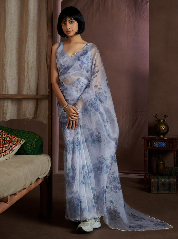 Ruddy Blue Digital Organza Silk Party Saree