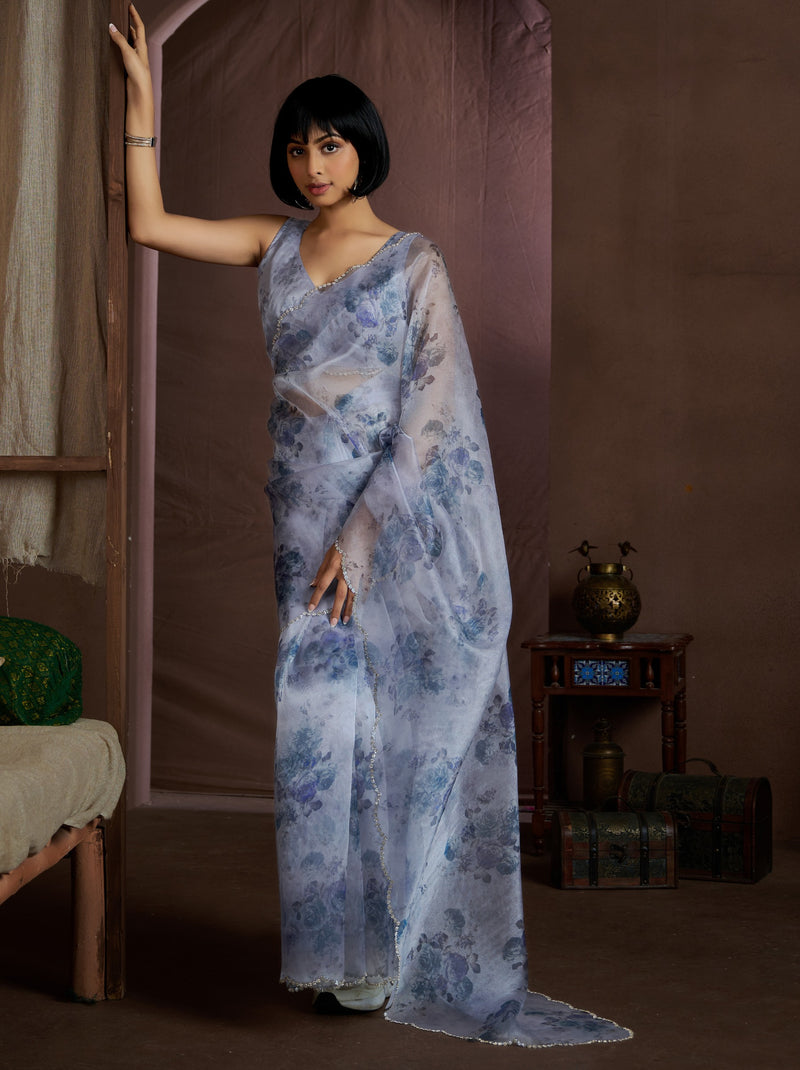 Ruddy Blue Digital Organza Silk Party Saree