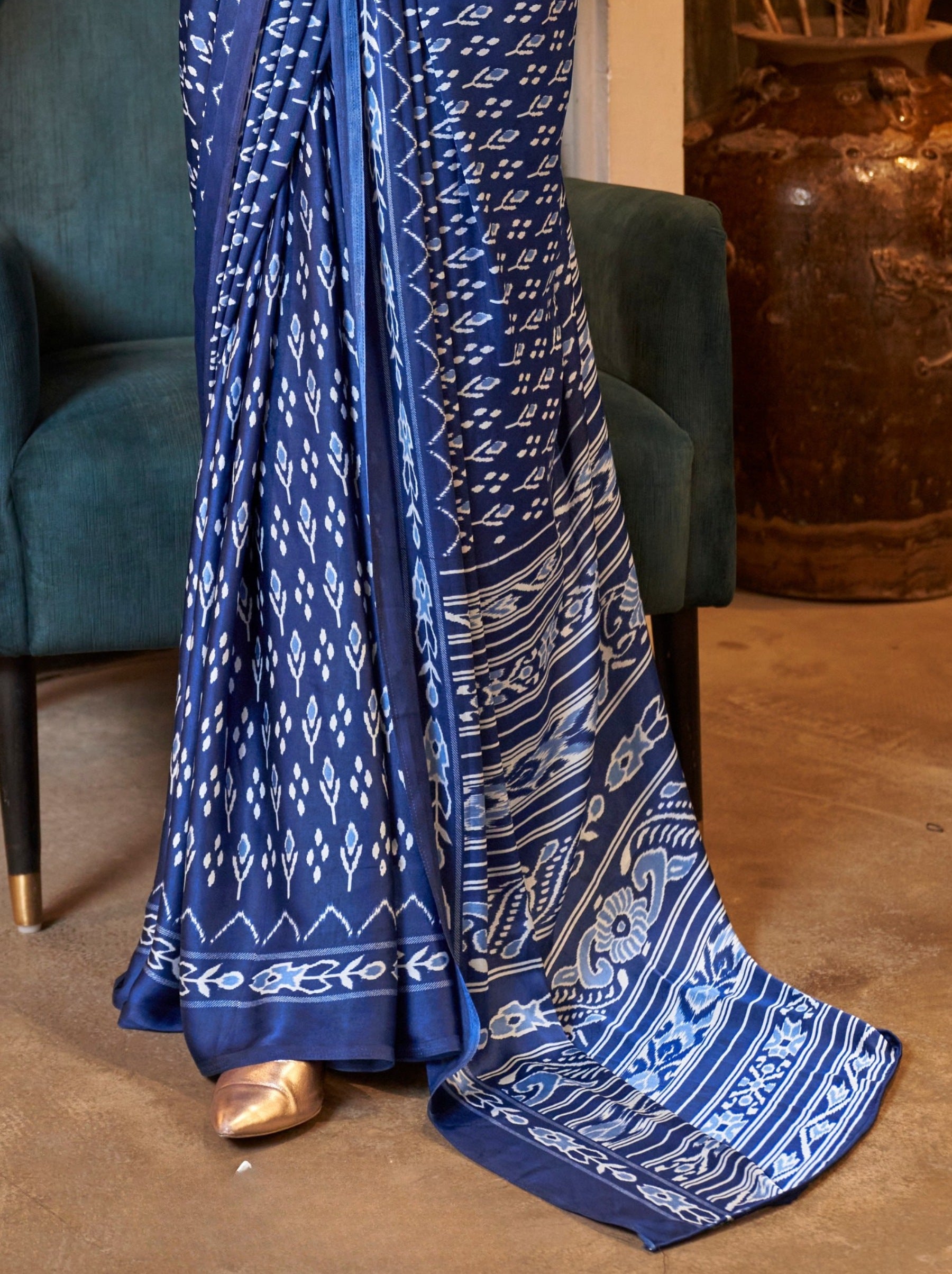 Sapphire Blue Satin Crepe Patola Party Saree - TrendOye