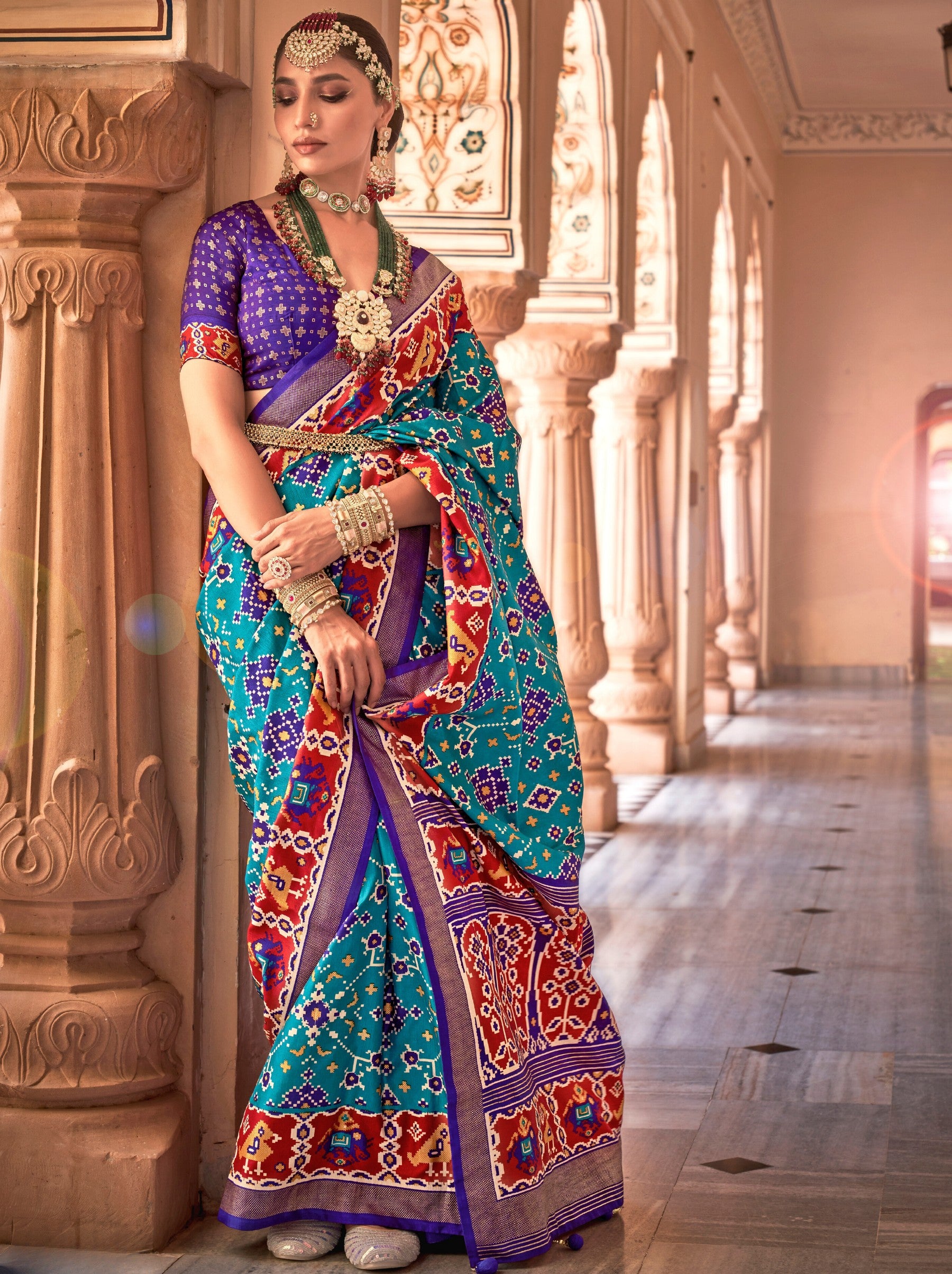 Olympic Blue Patola Festive Saree - TrendOye