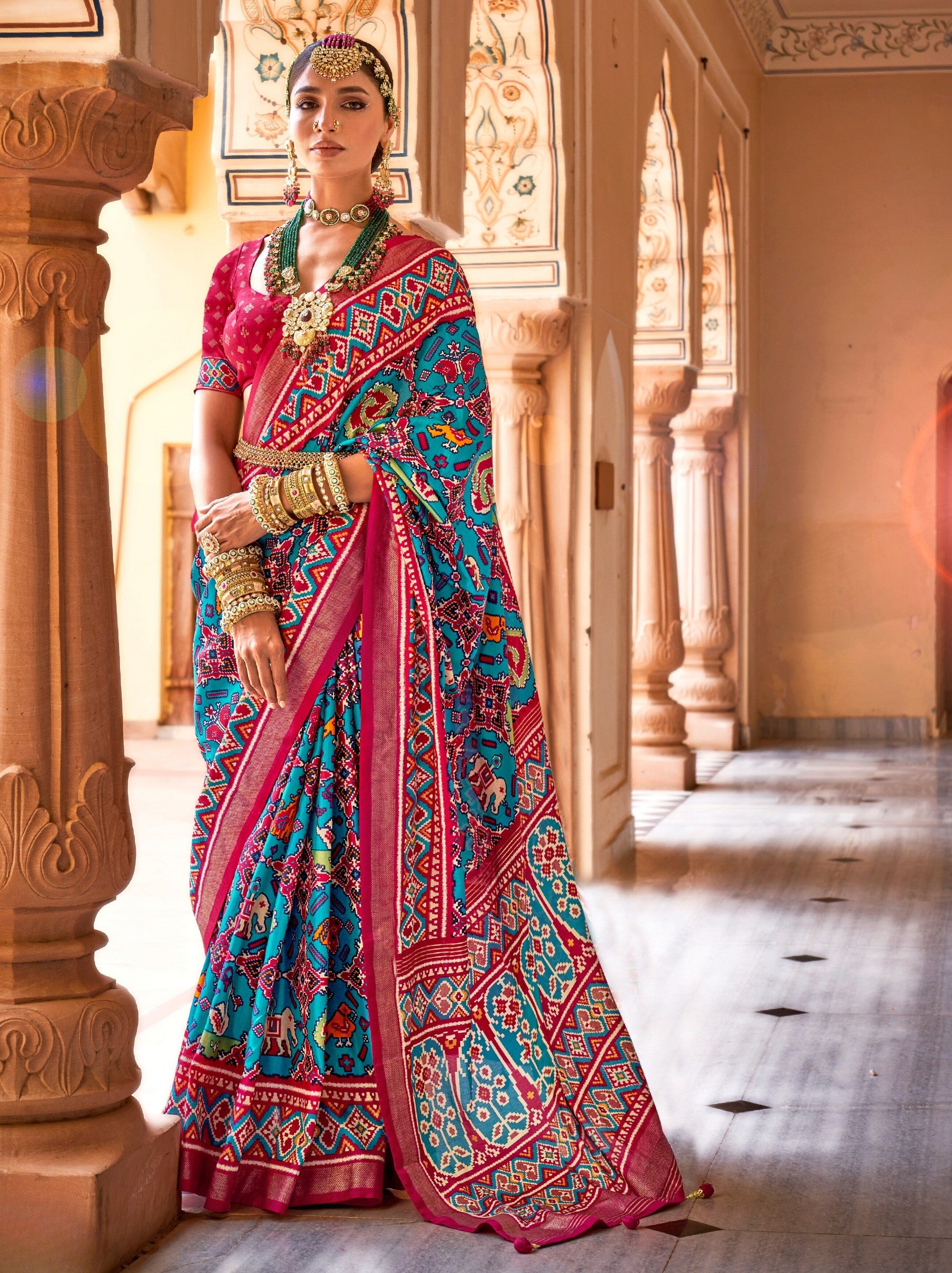 Azure Blue Patola Festive Saree - TrendOye