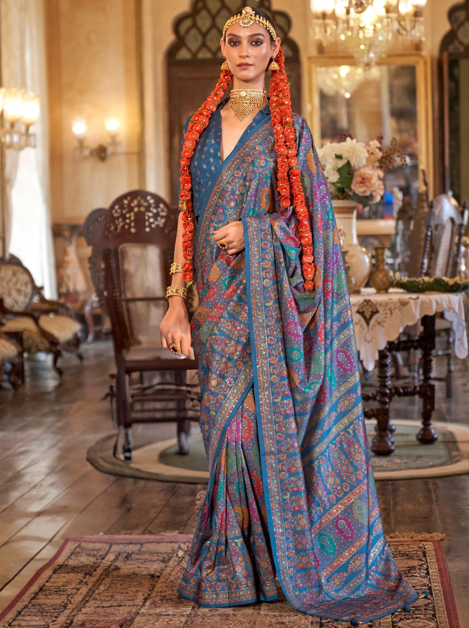 Yale Blue Fancy Silk Party Saree - TrendOye