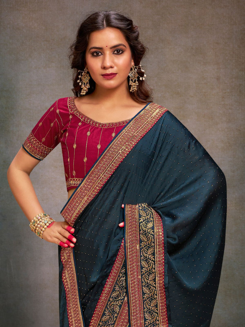 Prussian Blue Fine Premium Wedding Designer Silk Saree