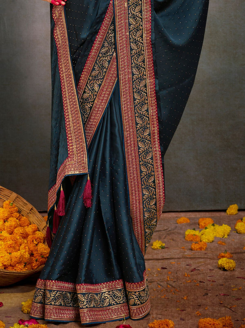 Prussian Blue Fine Premium Wedding Designer Silk Saree