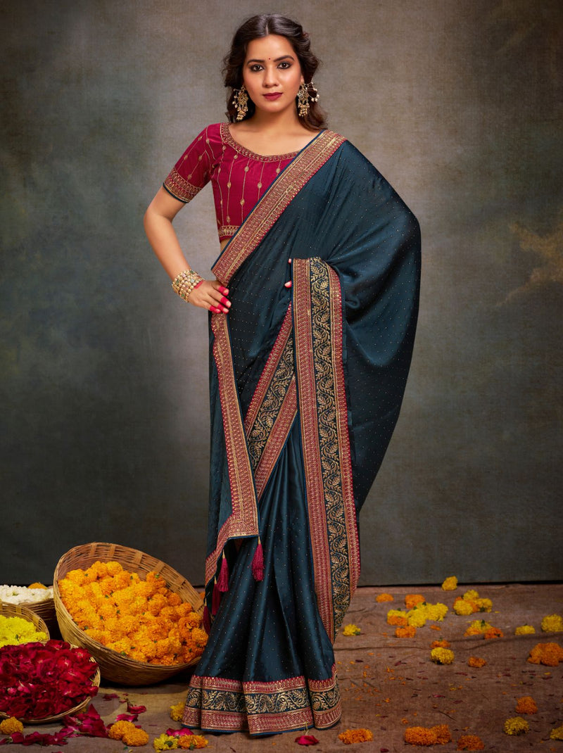 Prussian Blue Fine Premium Wedding Designer Silk Saree