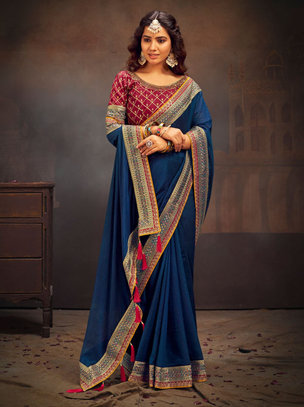 Prussian Blue Fine Wedding Premium Designer Silk Saree