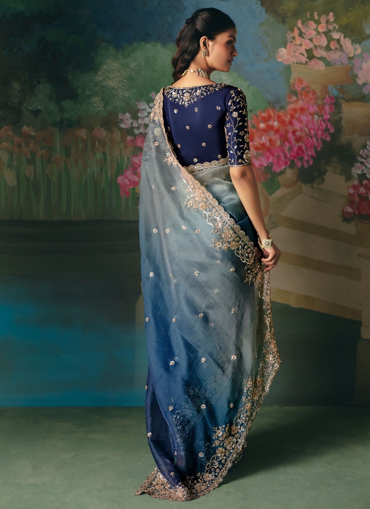 Midnight Ombre Blue Wedding & Party Fancy Saree With Premium Blouse Piece - TrendOye