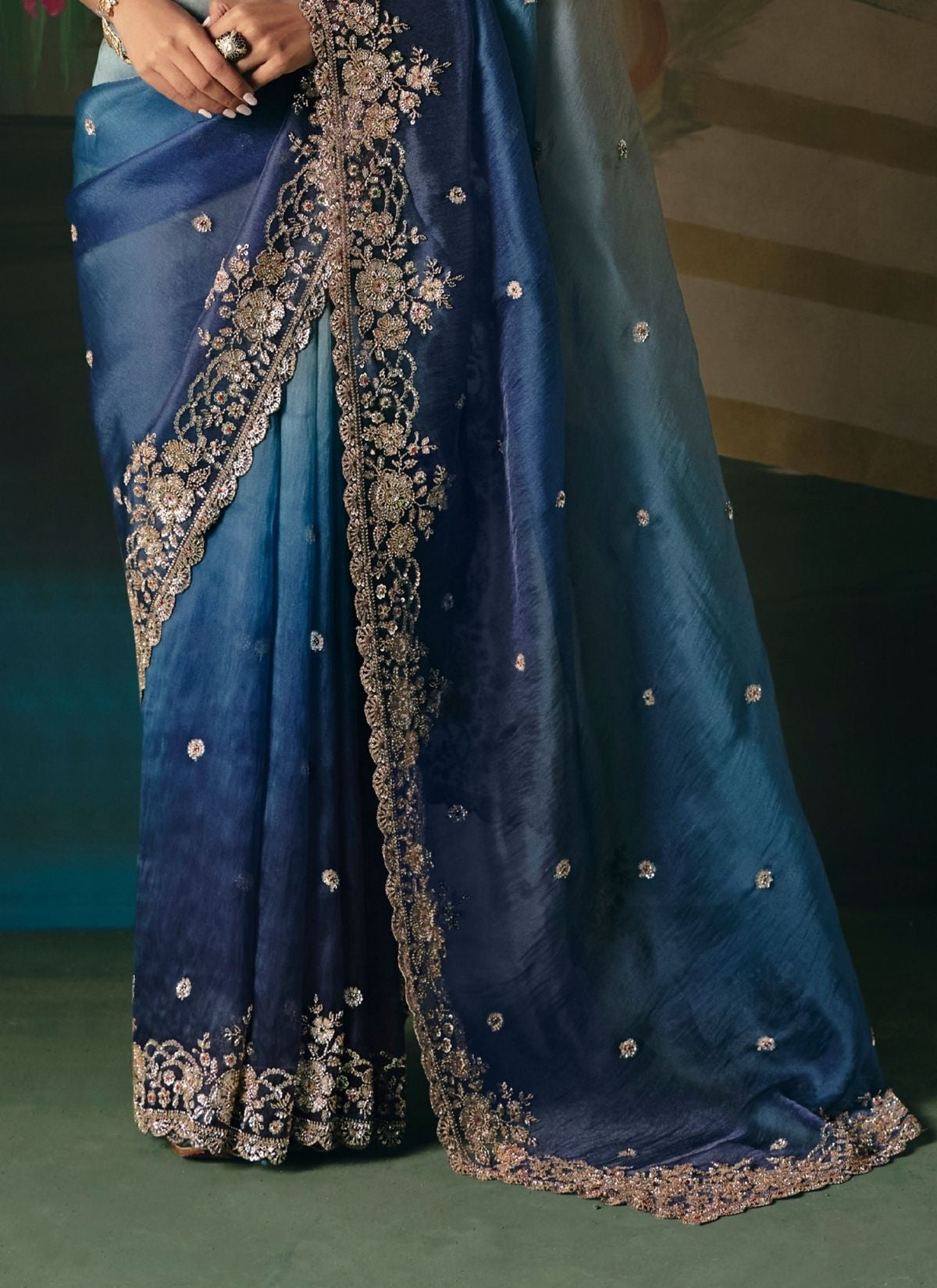 Midnight Ombre Blue Wedding & Party Fancy Saree With Premium Blouse Piece - TrendOye