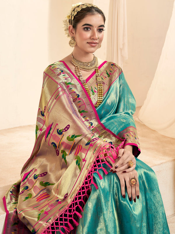 Blue Paithani Silk Blended Saree - TrendOye