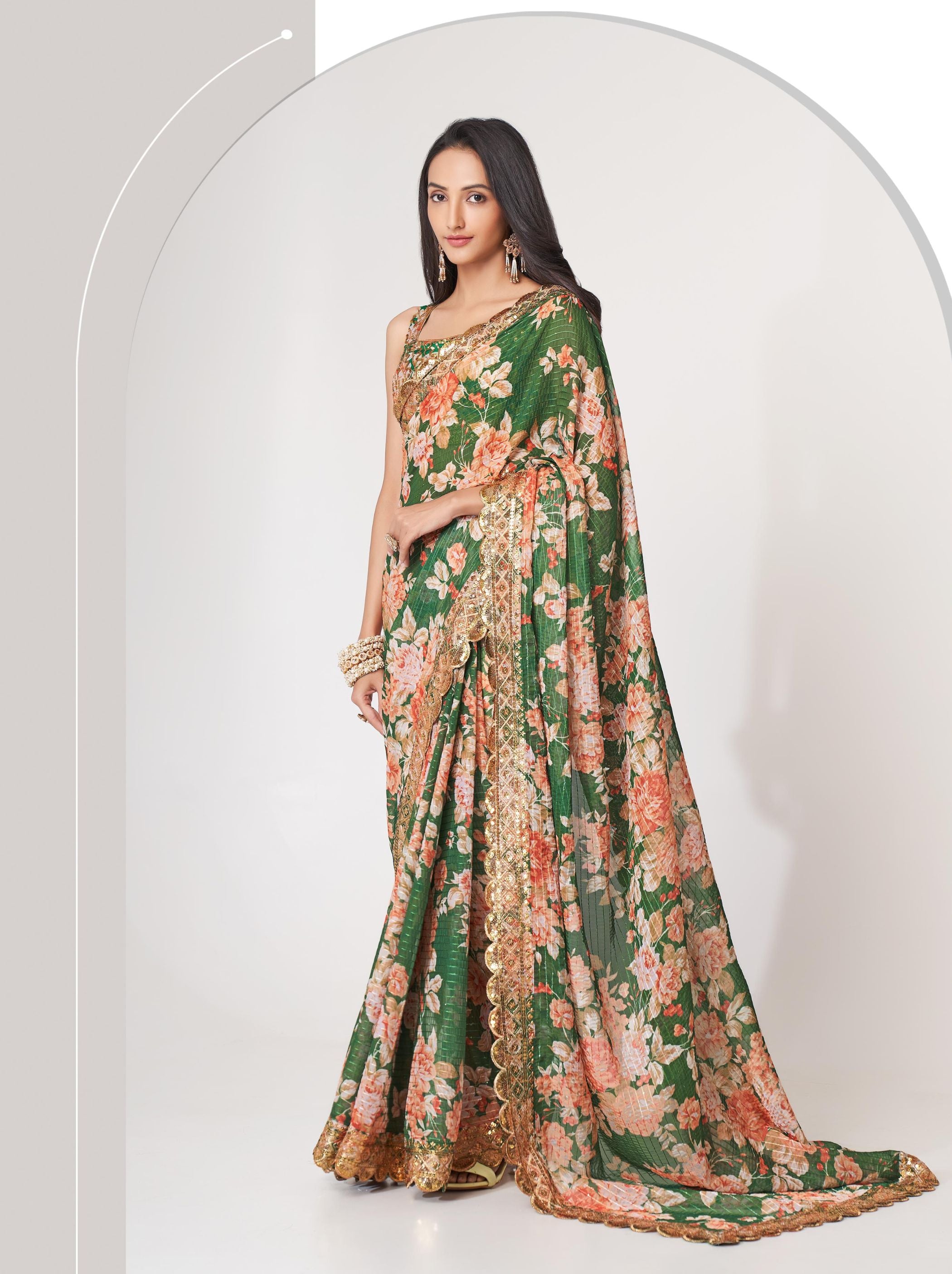 Bottle Green Organza Digital Silk Sequin Saree - TrendOye