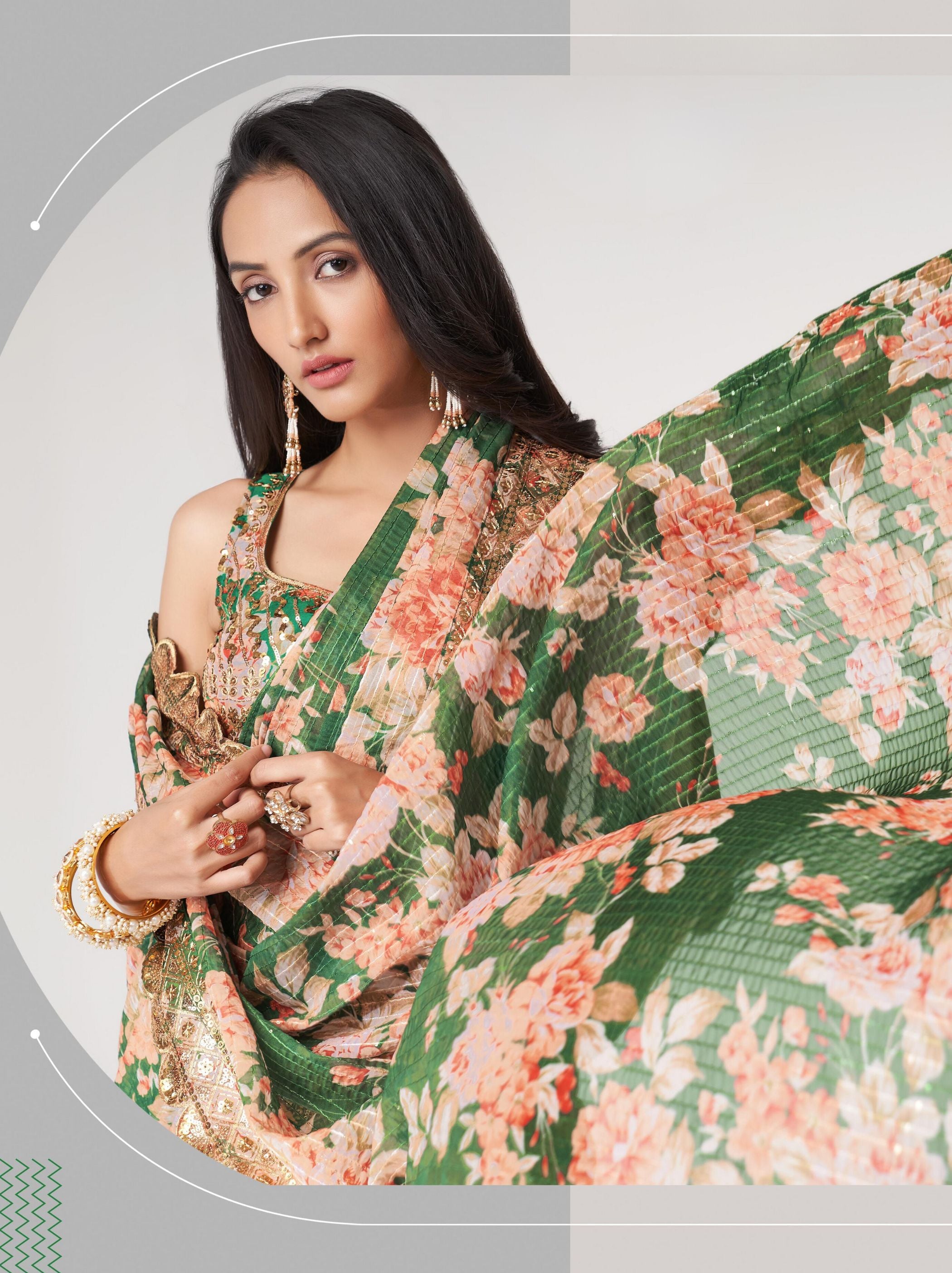 Bottle Green Organza Digital Silk Sequin Saree - TrendOye
