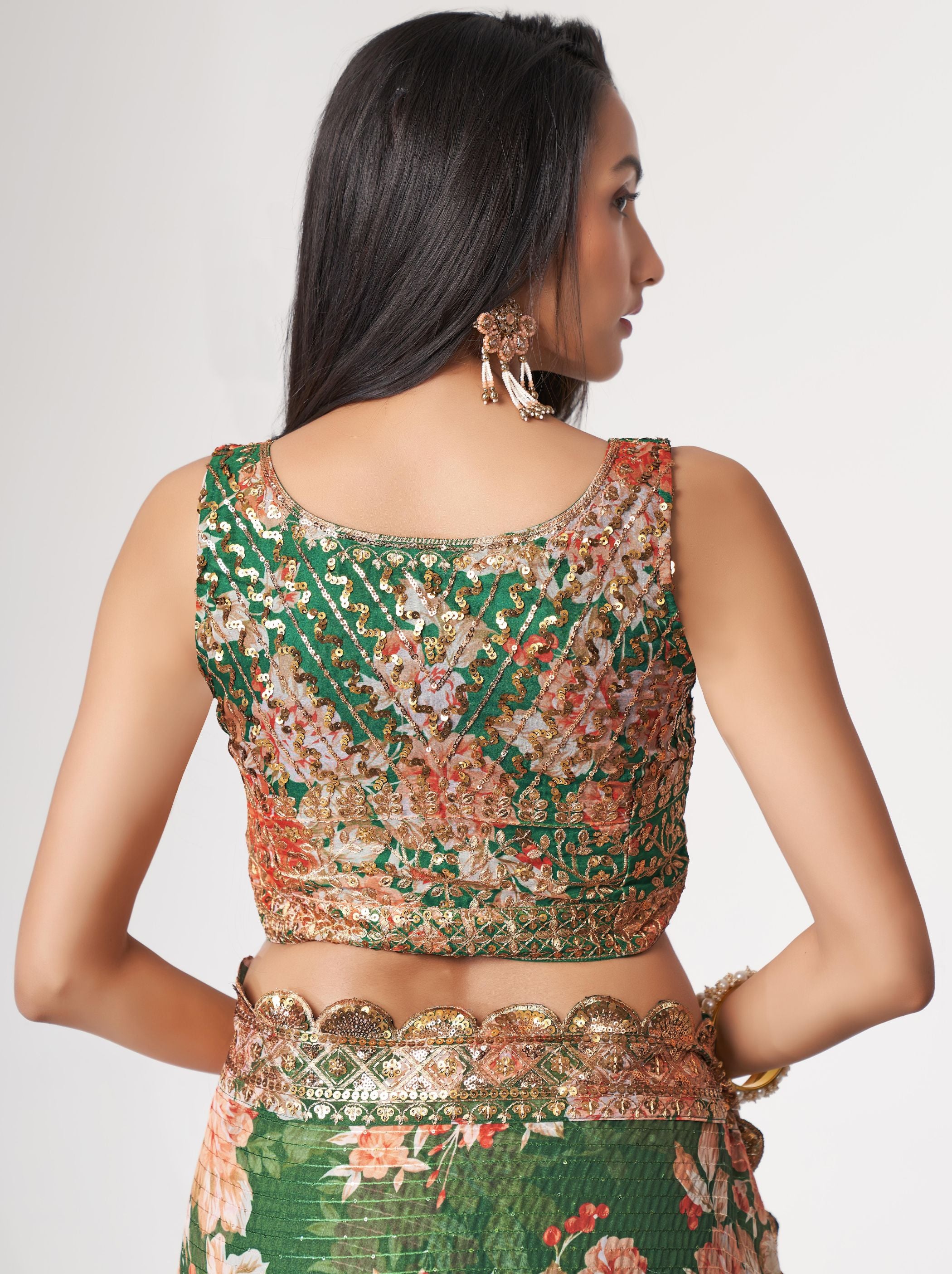 Bottle Green Organza Digital Silk Sequin Saree - TrendOye