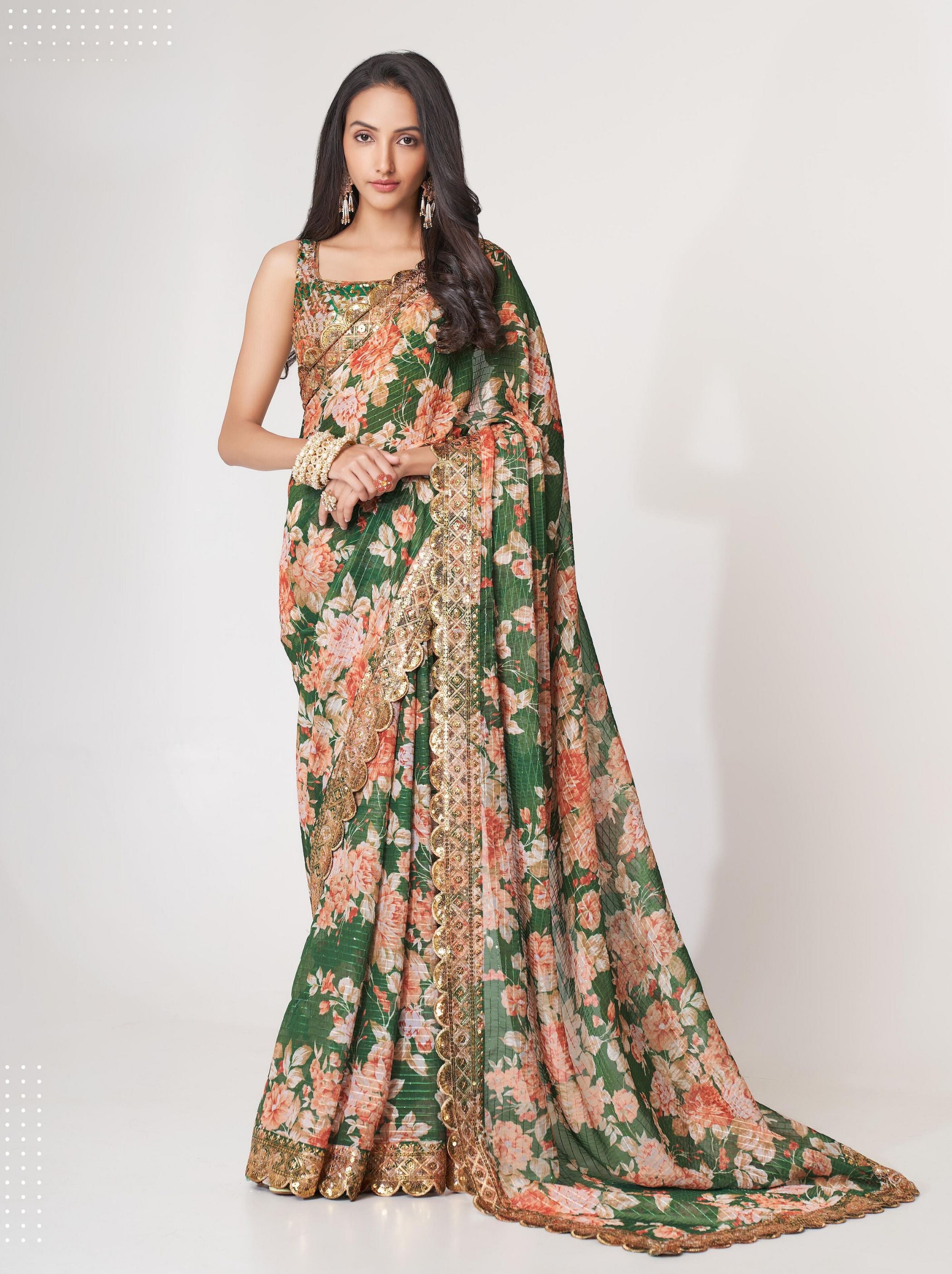 Bottle Green Organza Digital Silk Sequin Saree - TrendOye