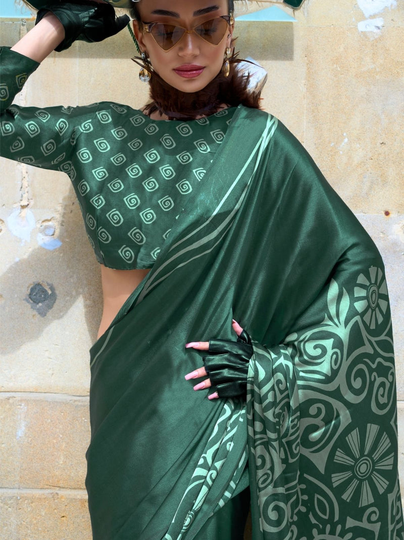 Bottle Green Premium Satin Designer Saree