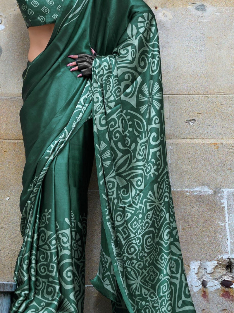 Bottle Green Premium Satin Designer Saree