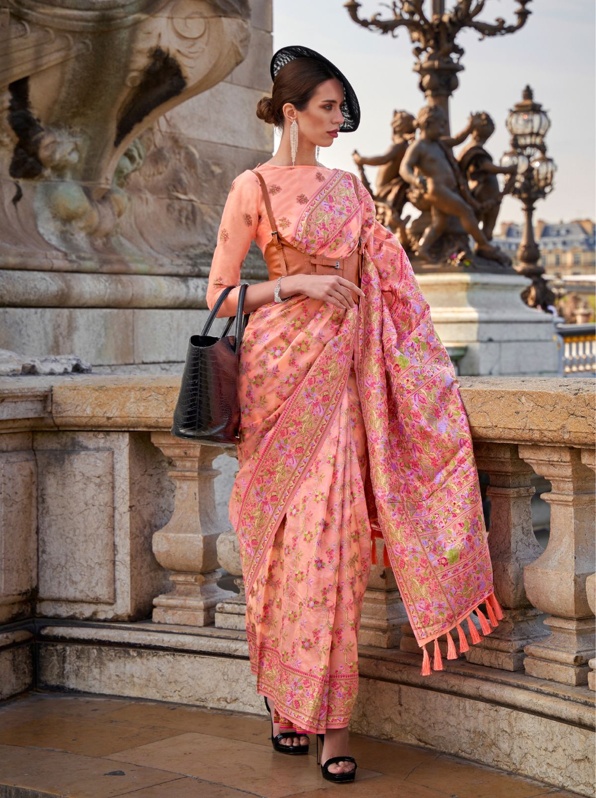 Brick Pink Premium Organza Designer Saree - TrendOye