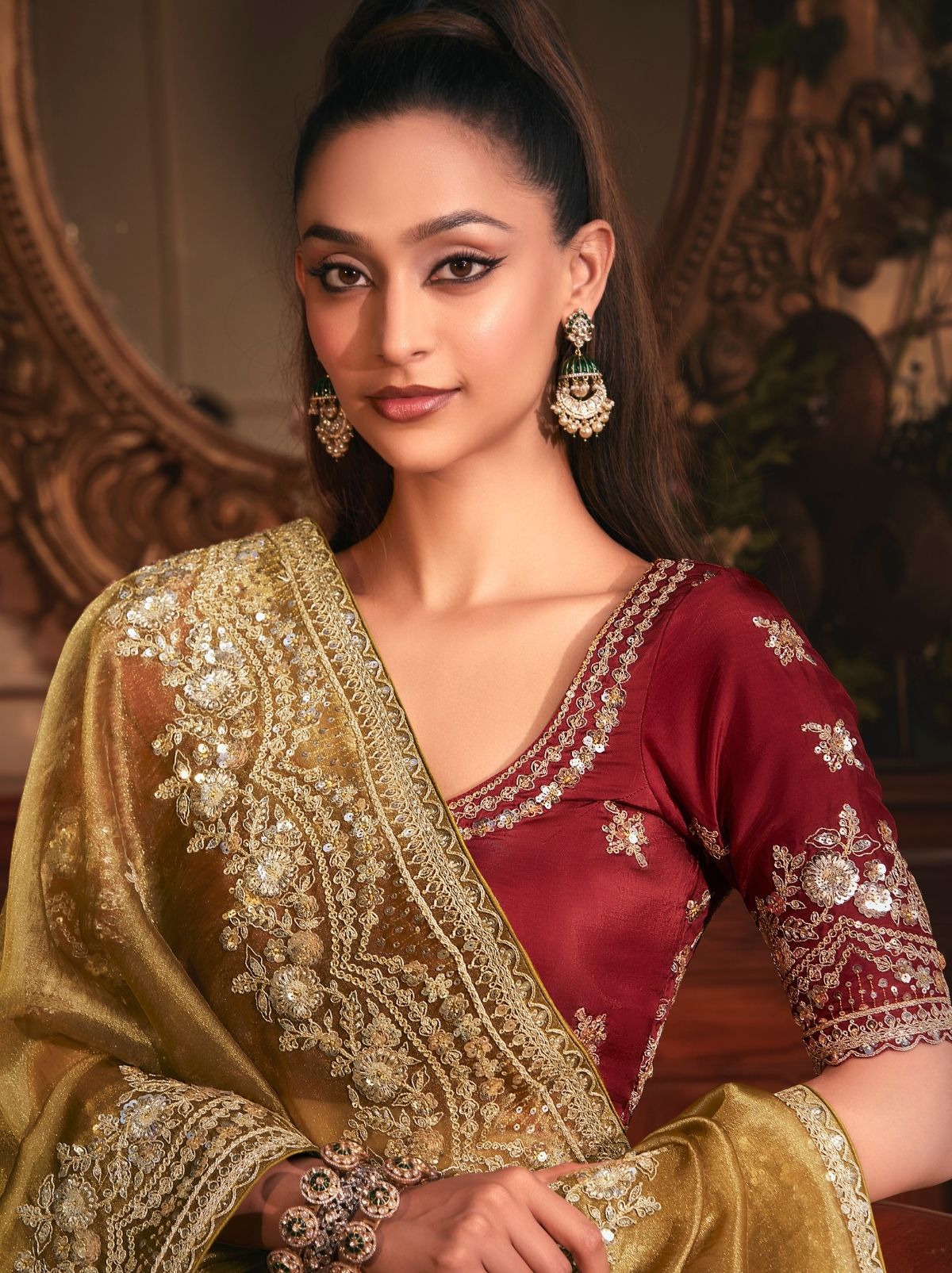 Bronze Designer Tissue Organza Saree with Stone Work