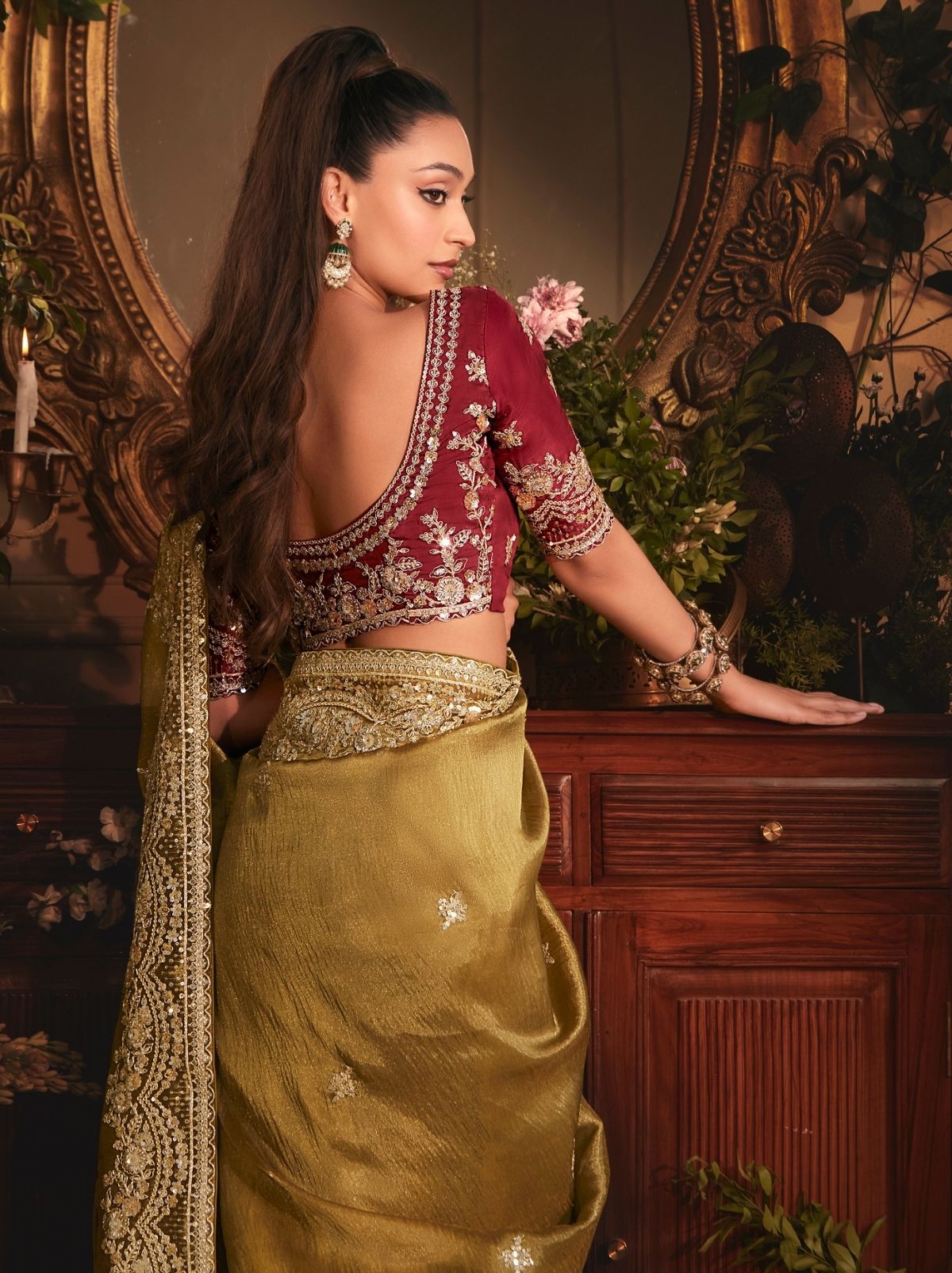 Bronze Designer Tissue Organza Saree with Stone Work
