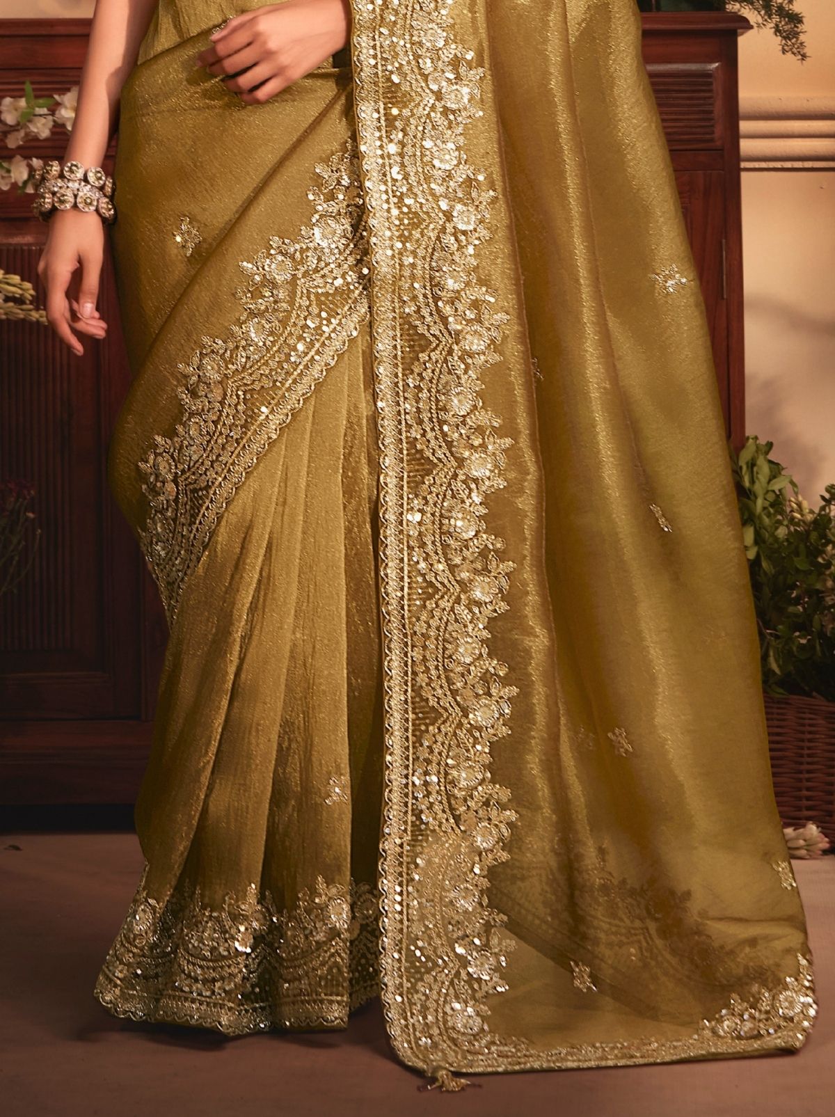 Bronze Designer Tissue Organza Saree with Stone Work