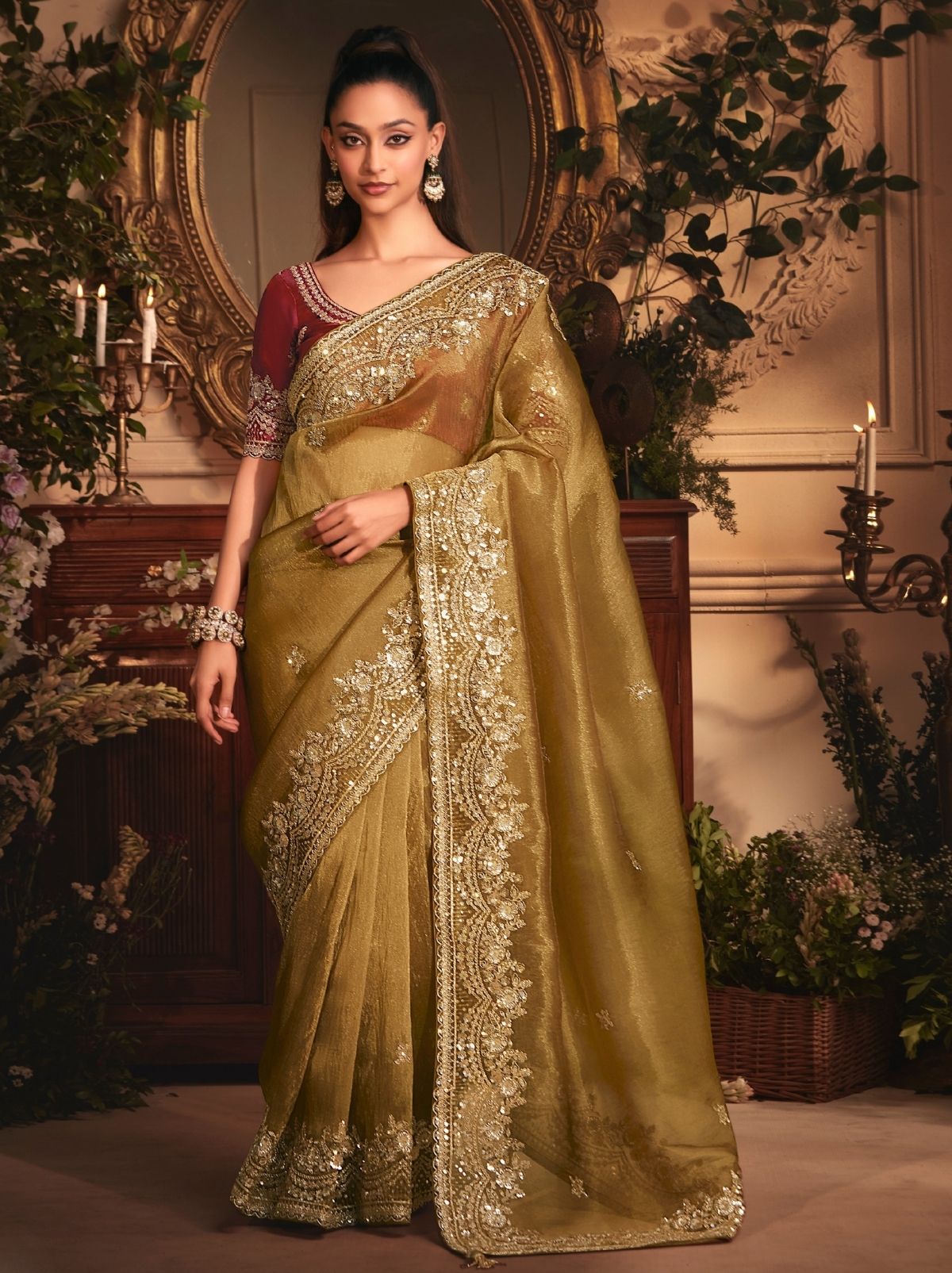 Bronze Designer Tissue Organza Saree with Stone Work