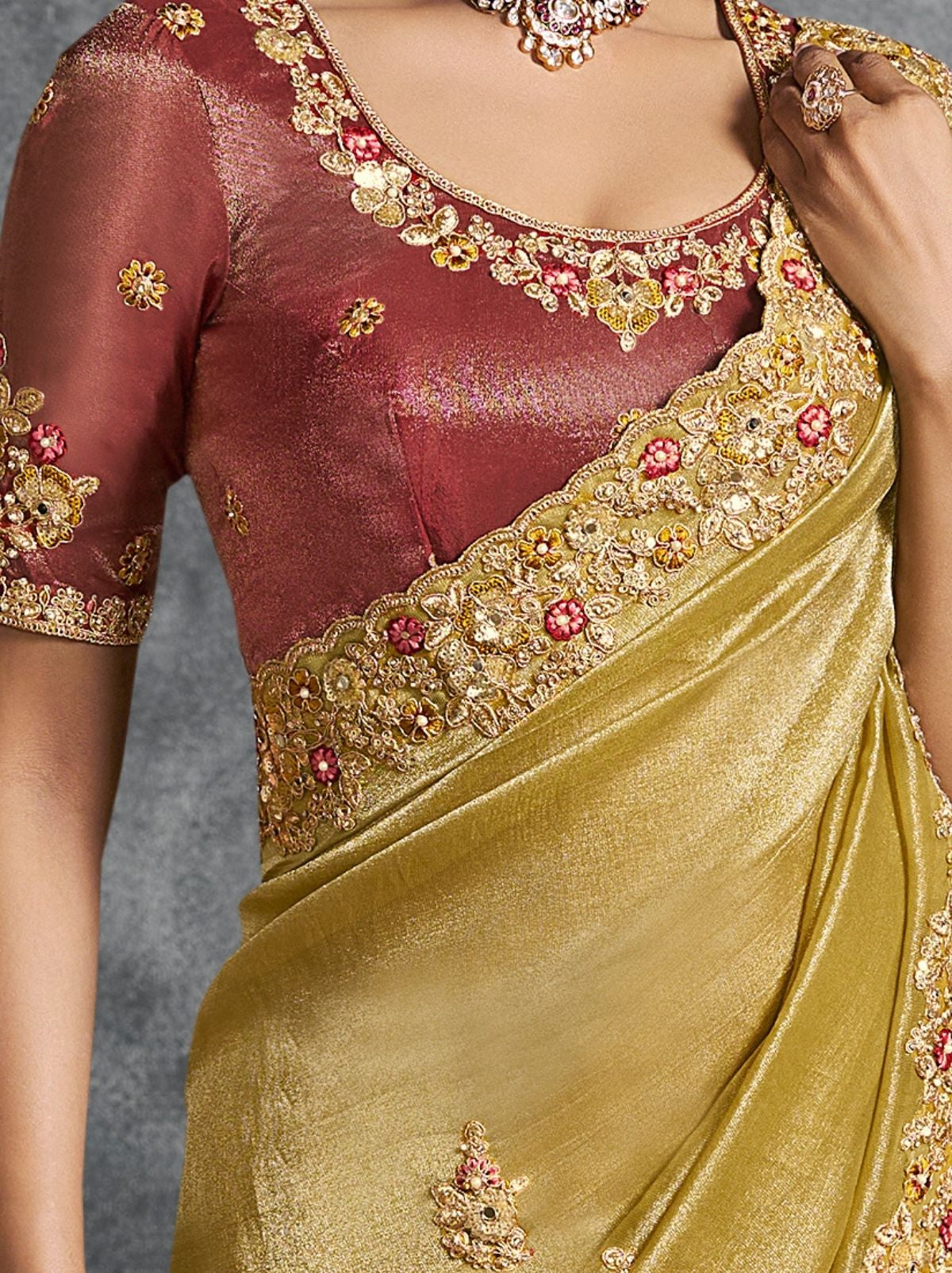 Bronze Premium Zari Tissue Silk Saree With Blouse Piece