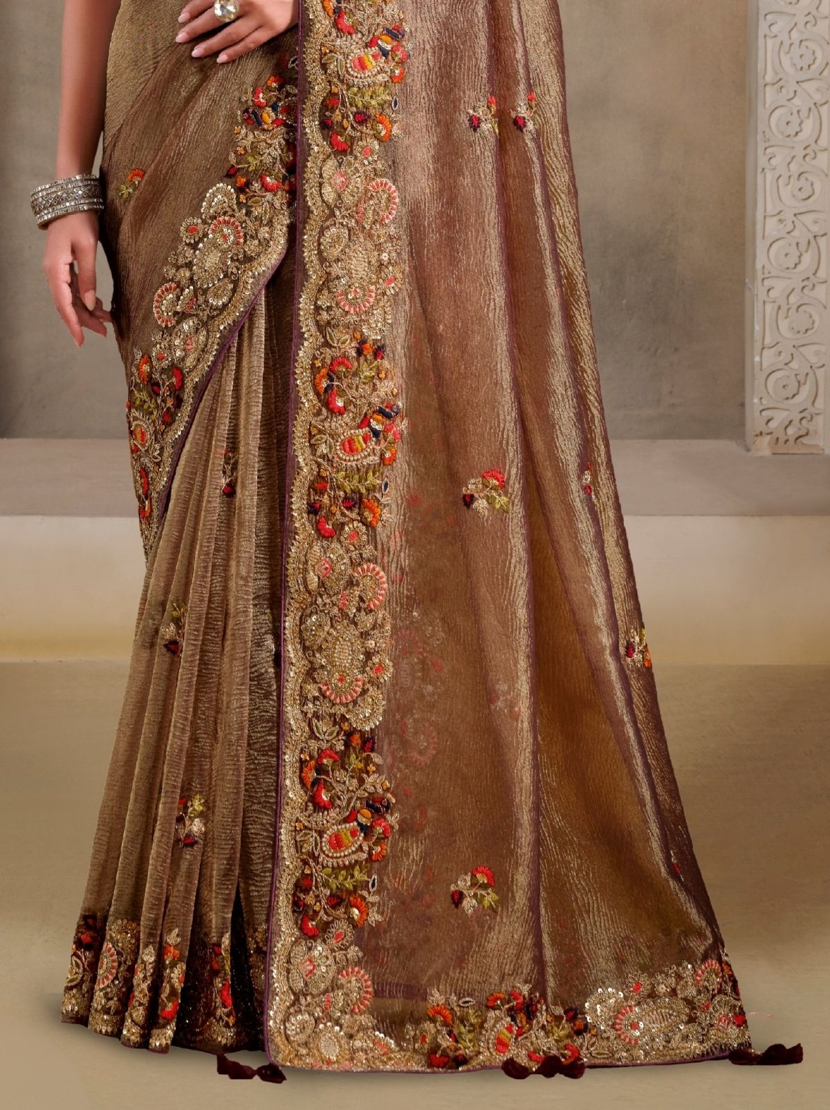 Peanut Brown Banarasi Crush Bridal Saree With Blouse Piece