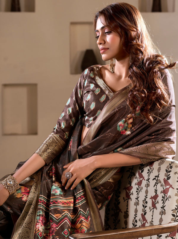 Chocolate Brown Premium Dola Silk Designer Saree