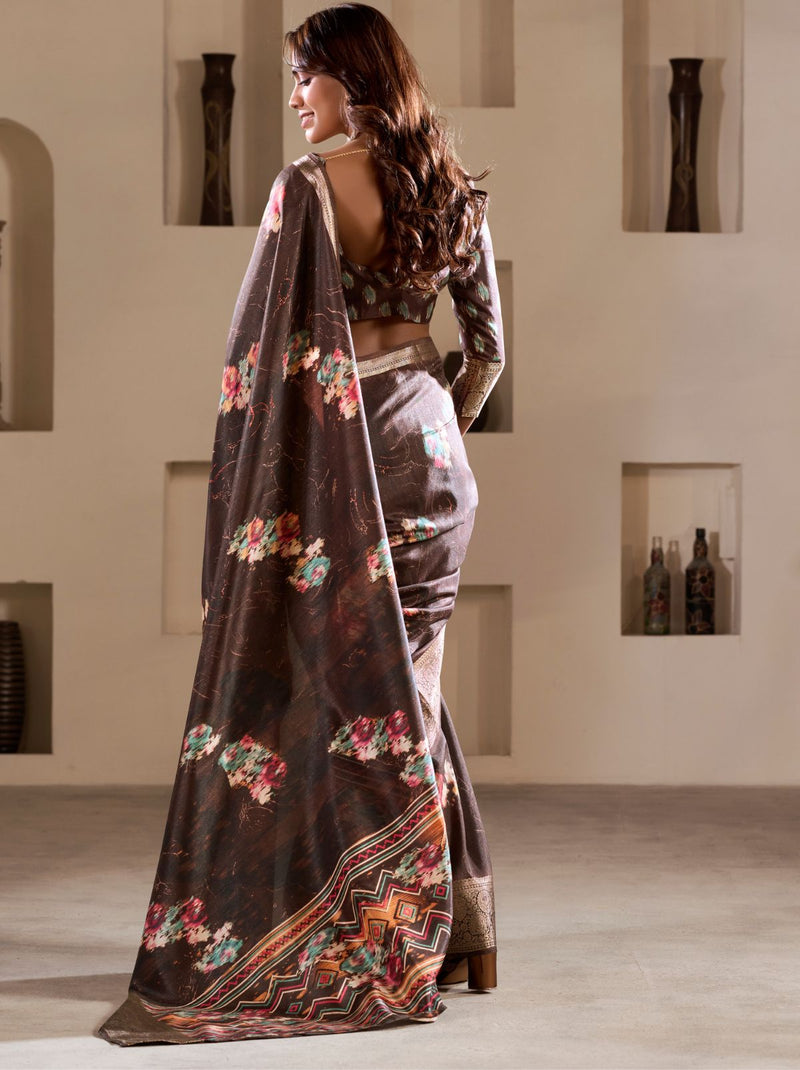 Chocolate Brown Premium Dola Silk Designer Saree