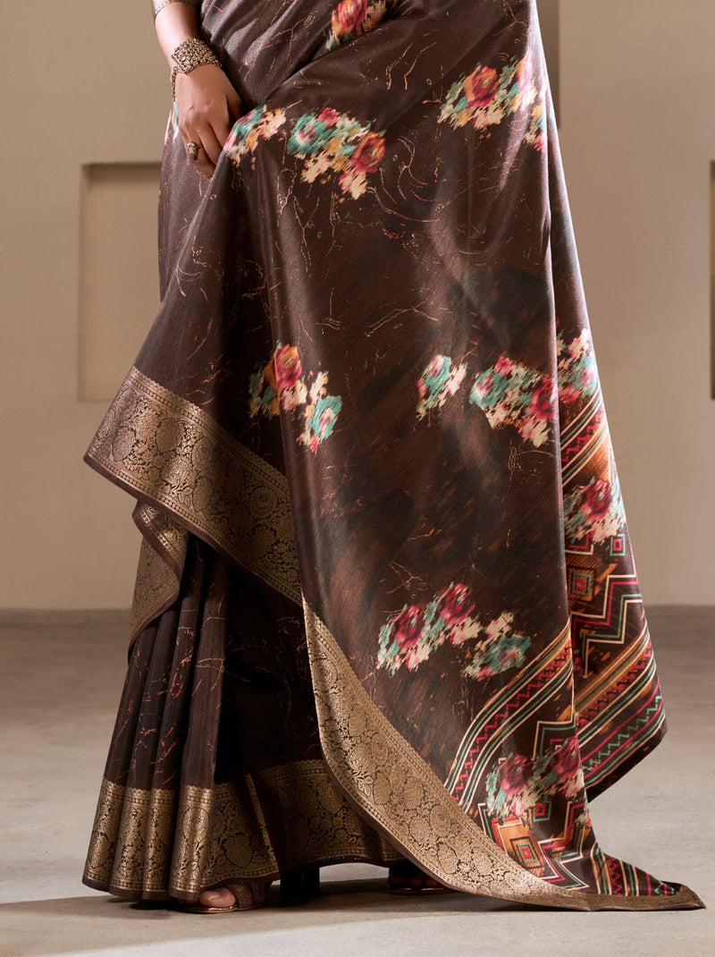 Chocolate Brown Premium Dola Silk Designer Saree