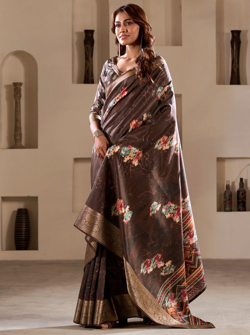 Chocolate Brown Premium Dola Silk Designer Saree - TrendOye