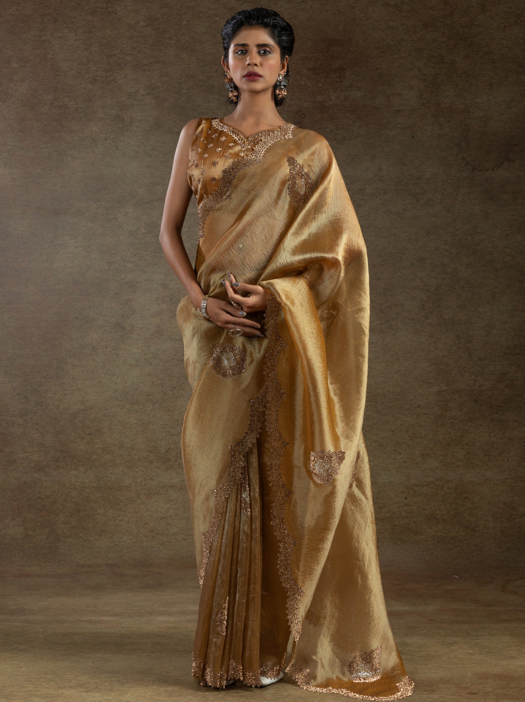 Bronze Designer Banarasi Silk Saree With Zircon Work