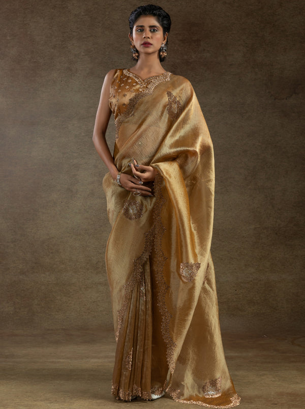 Bronze Designer Banarasi Silk Saree With Zircon Work