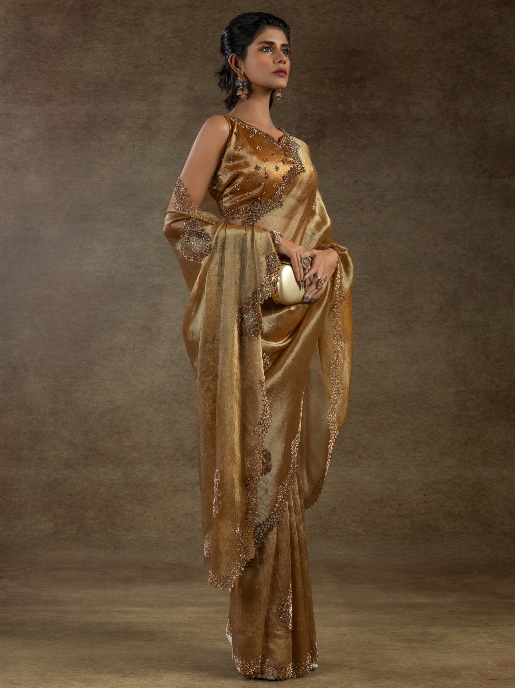 Bronze Designer Banarasi Silk Saree With Zircon Work