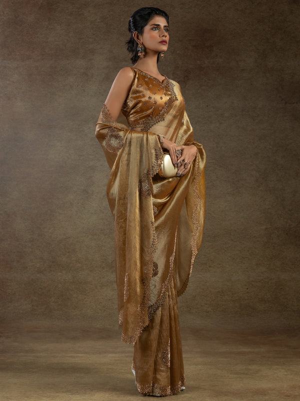 Bronze Designer Banarasi Silk Saree With Zircon Work