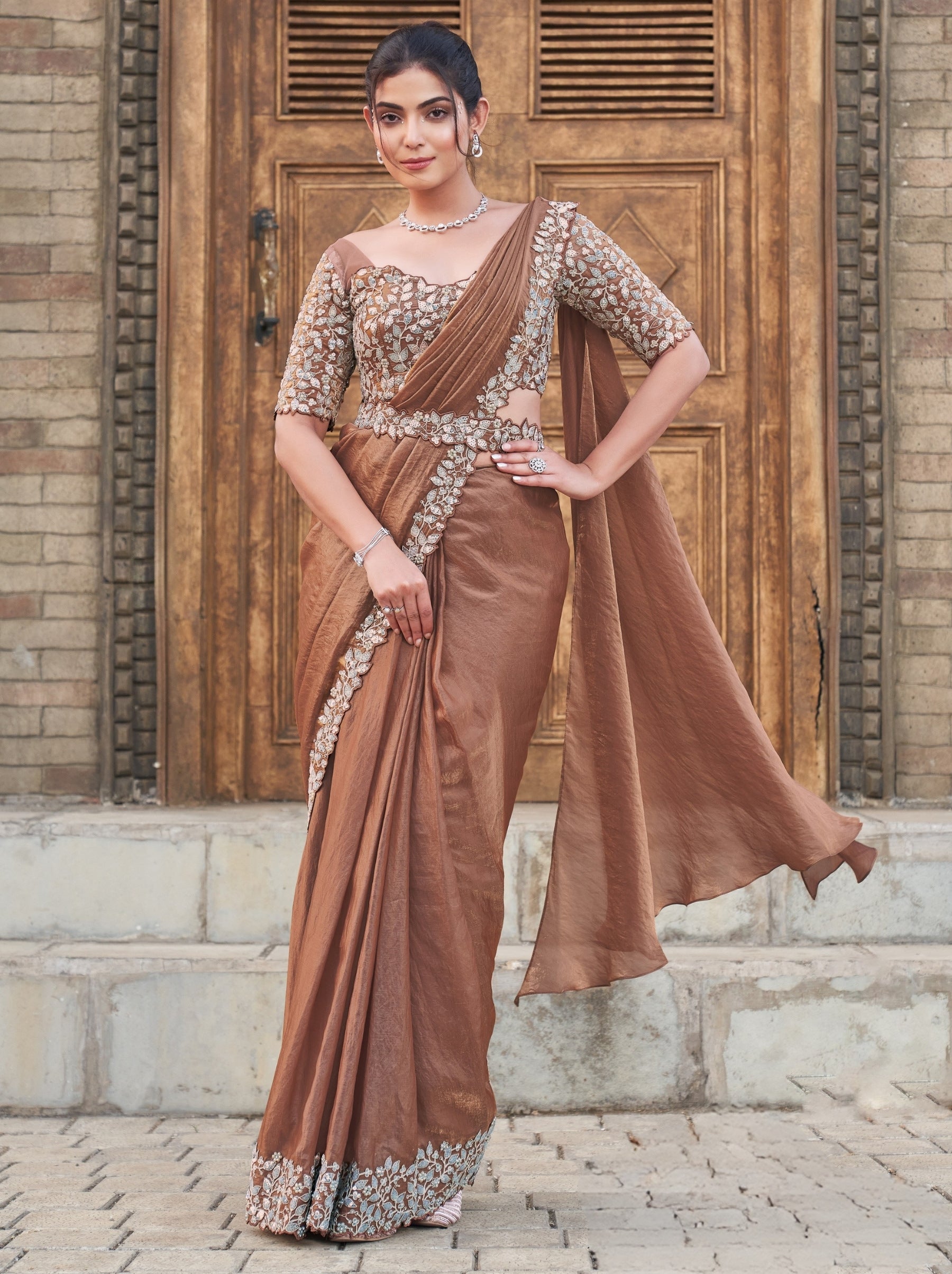 Peanut Brown Designer Ready To Wear Saree With Stitched Blouse