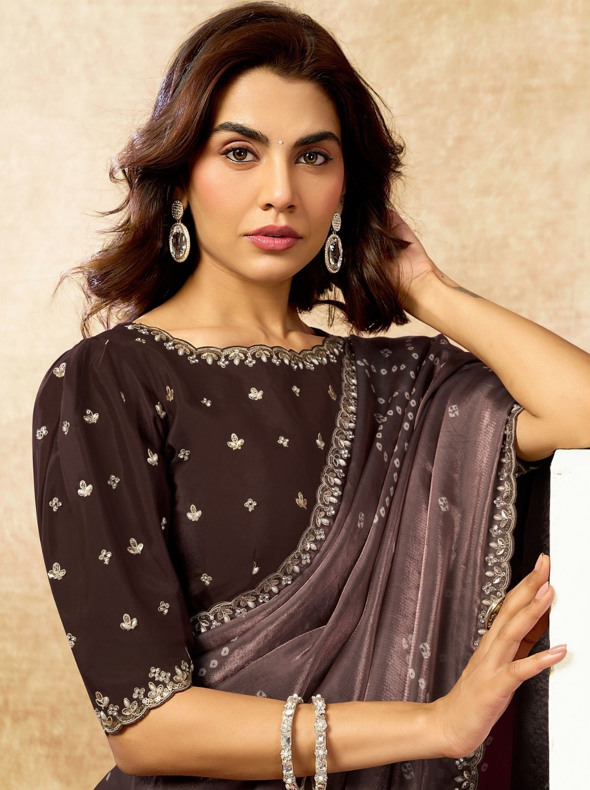 Walnut Brown Designer Two Tone Satin Silk Saree With Blouse Piece - TrendOye