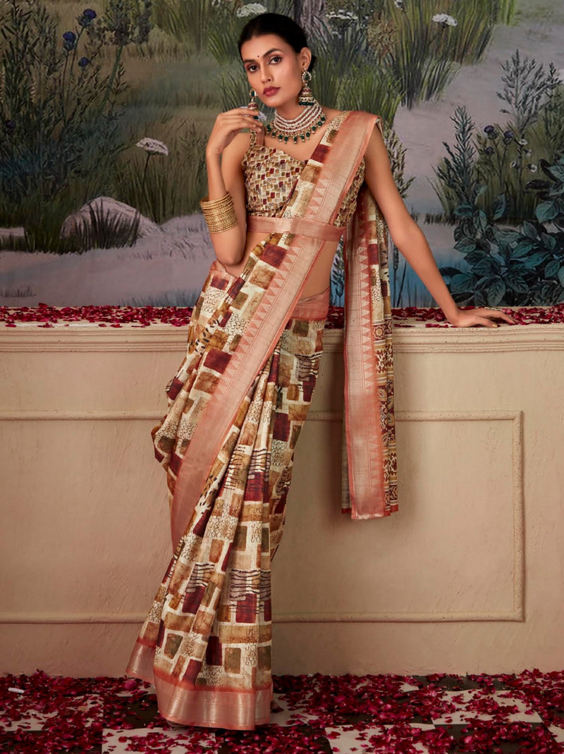 Pale Brown Fancy Digital Silk Festive Saree