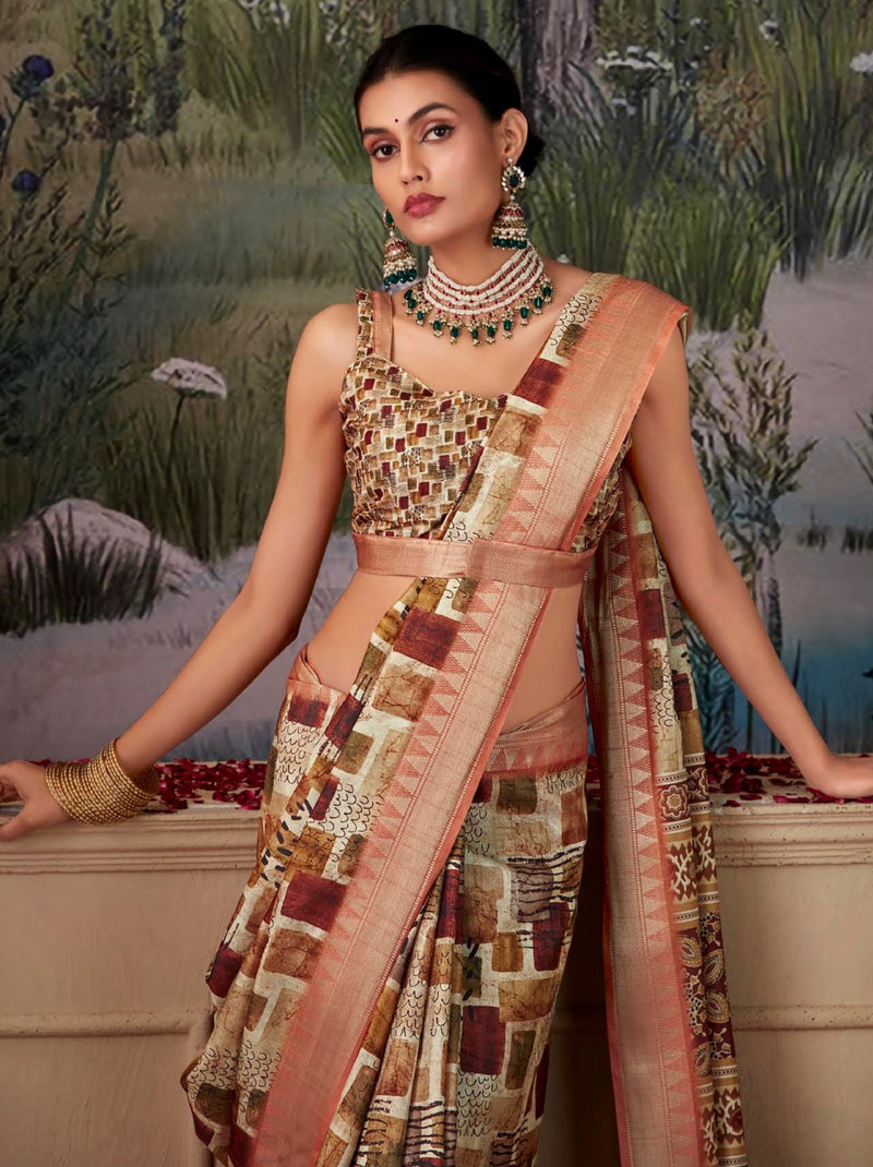 Pale Brown Fancy Digital Silk Festive Saree