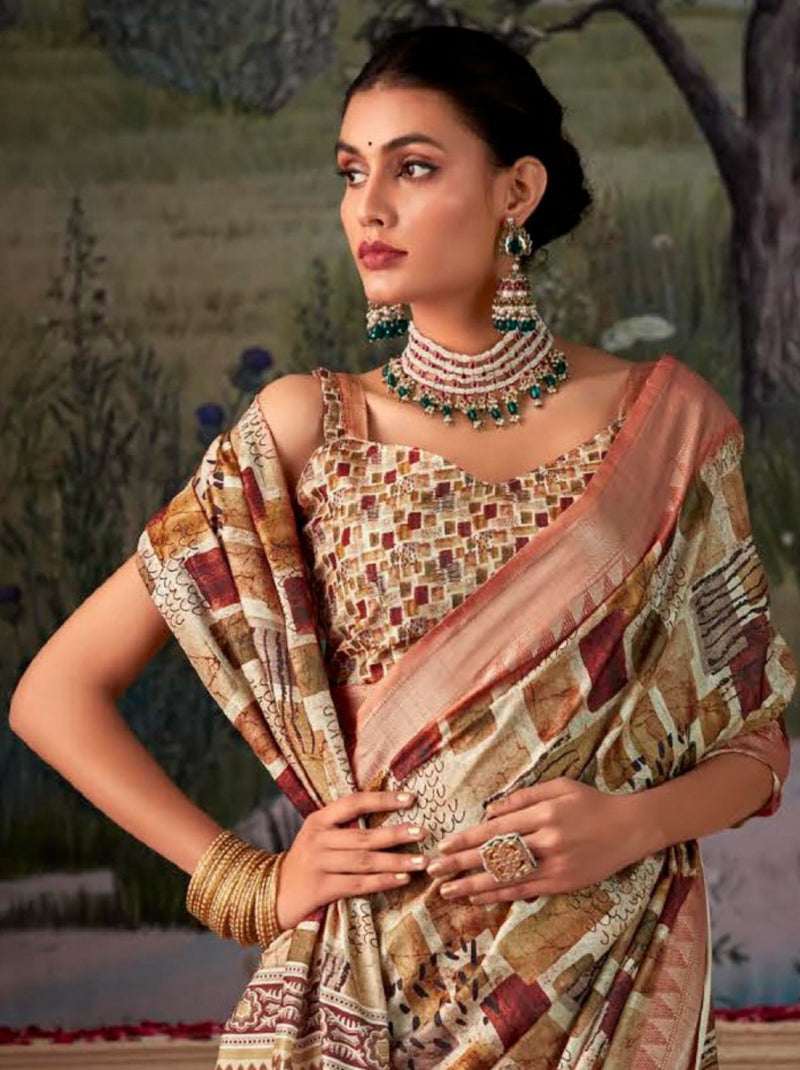 Pale Brown Fancy Digital Silk Festive Saree