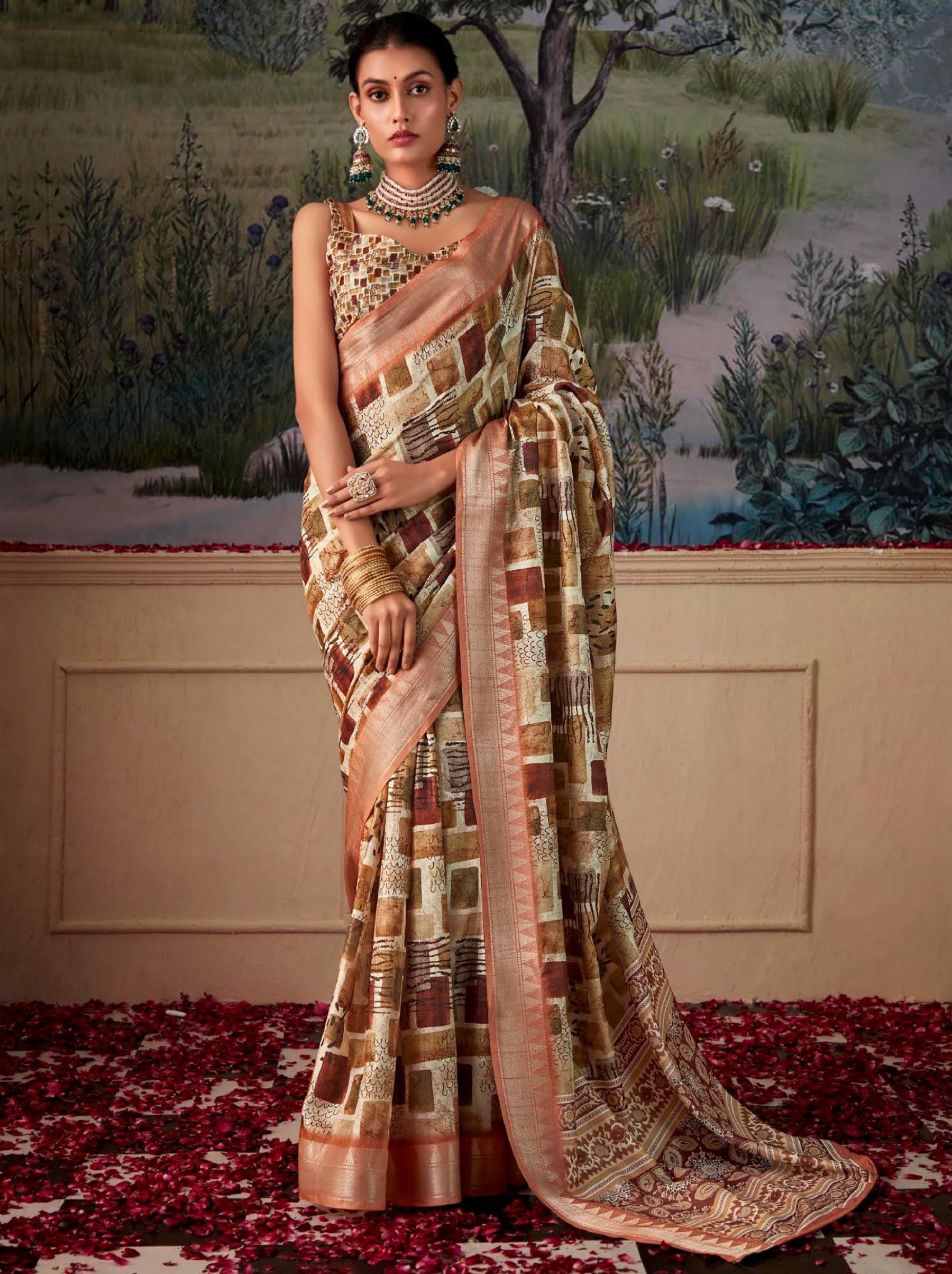 Pale Brown Fancy Digital Silk Festive Saree - TrendOye