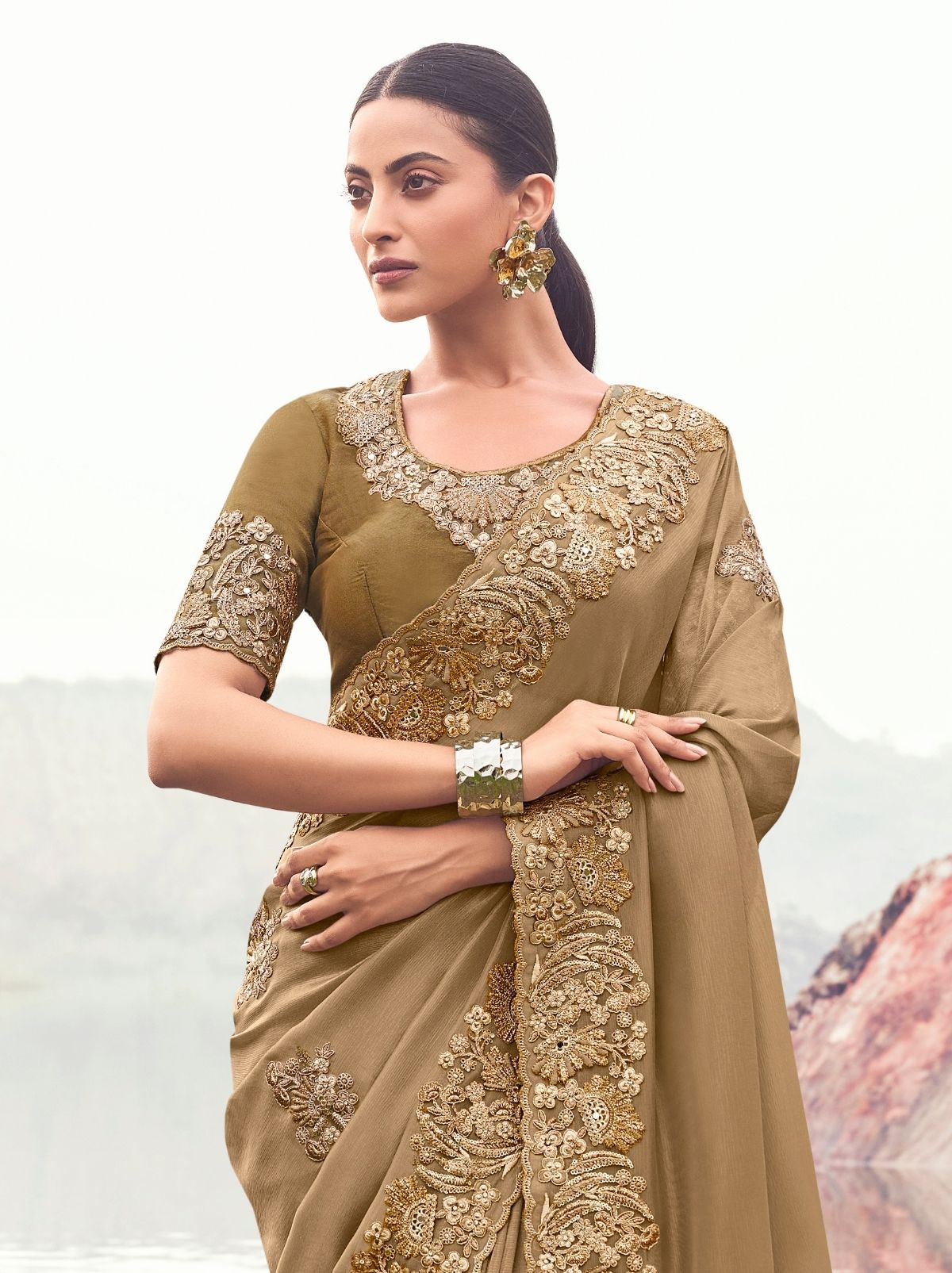 Tortilla Brown Exclusive Fancy Saree With Soft Zari Work