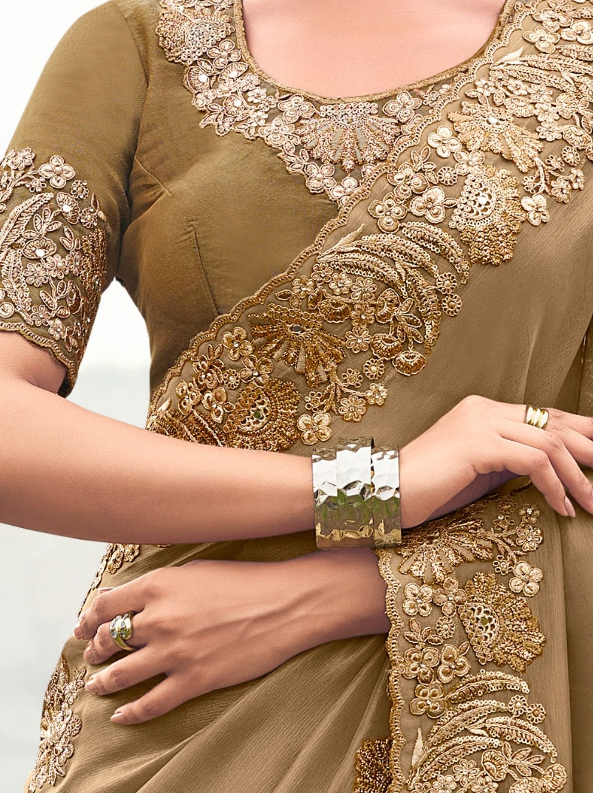 Tortilla Brown Exclusive Fancy Saree With Soft Zari Work