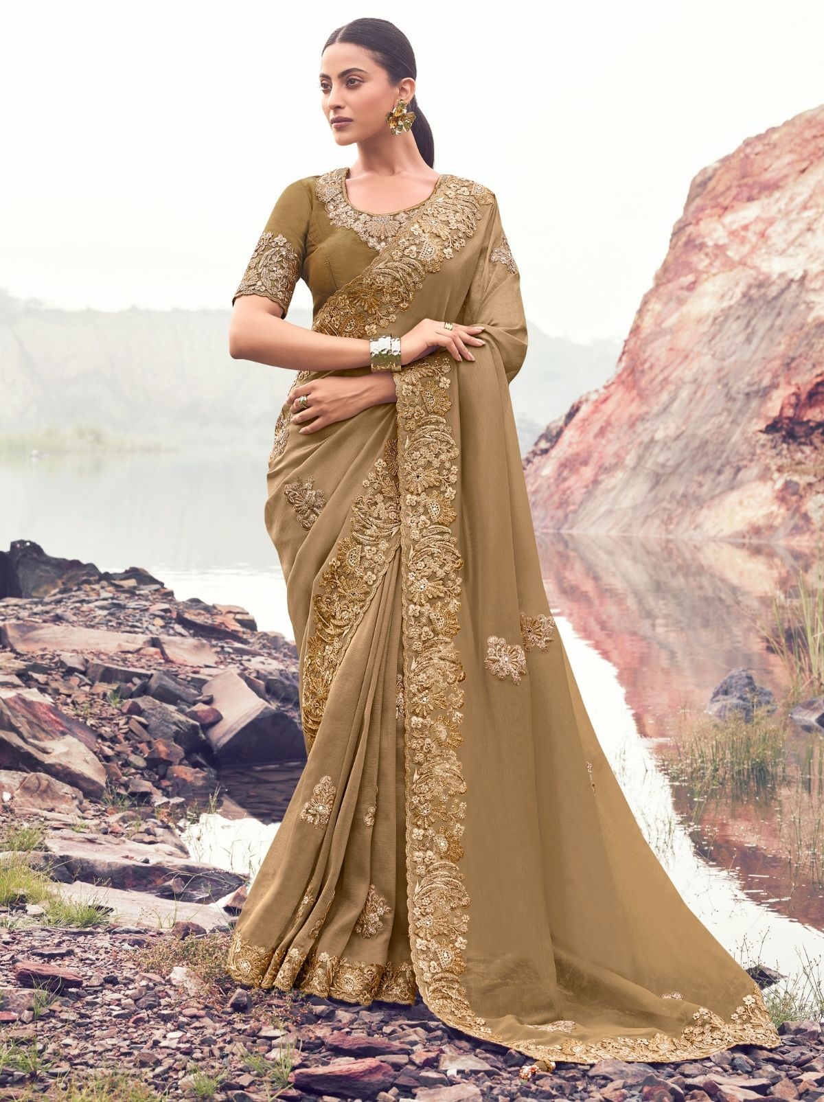 Tortilla Brown Exclusive Fancy Saree With Soft Zari Work