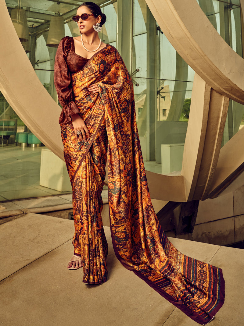 Peanut Brown Fancy Digital Satin Crepe Saree With Unstitched Blouse
