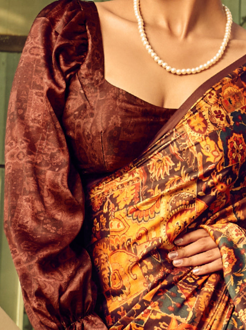Peanut Brown Fancy Digital Satin Crepe Saree With Unstitched Blouse