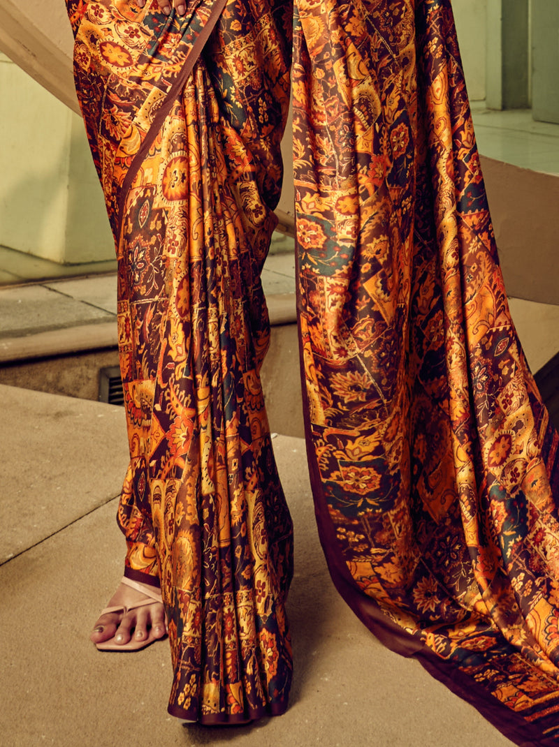 Peanut Brown Fancy Digital Satin Crepe Saree With Unstitched Blouse