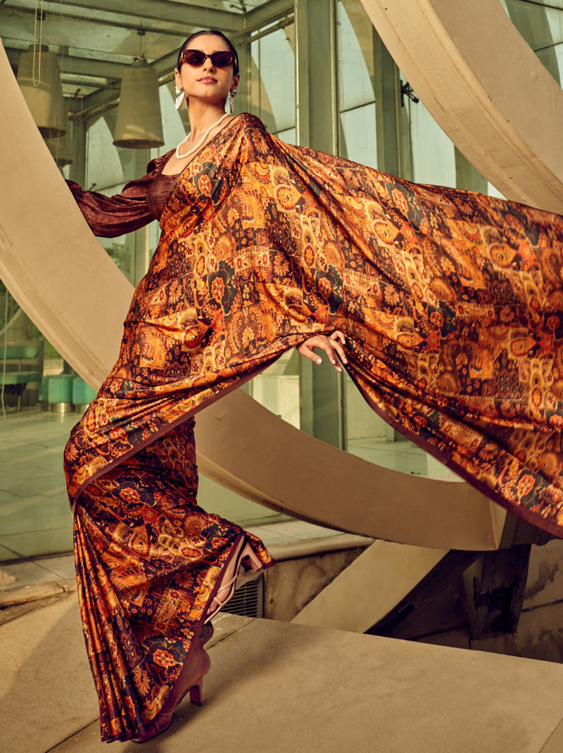 Peanut Brown Fancy Digital Satin Crepe Saree With Unstitched Blouse