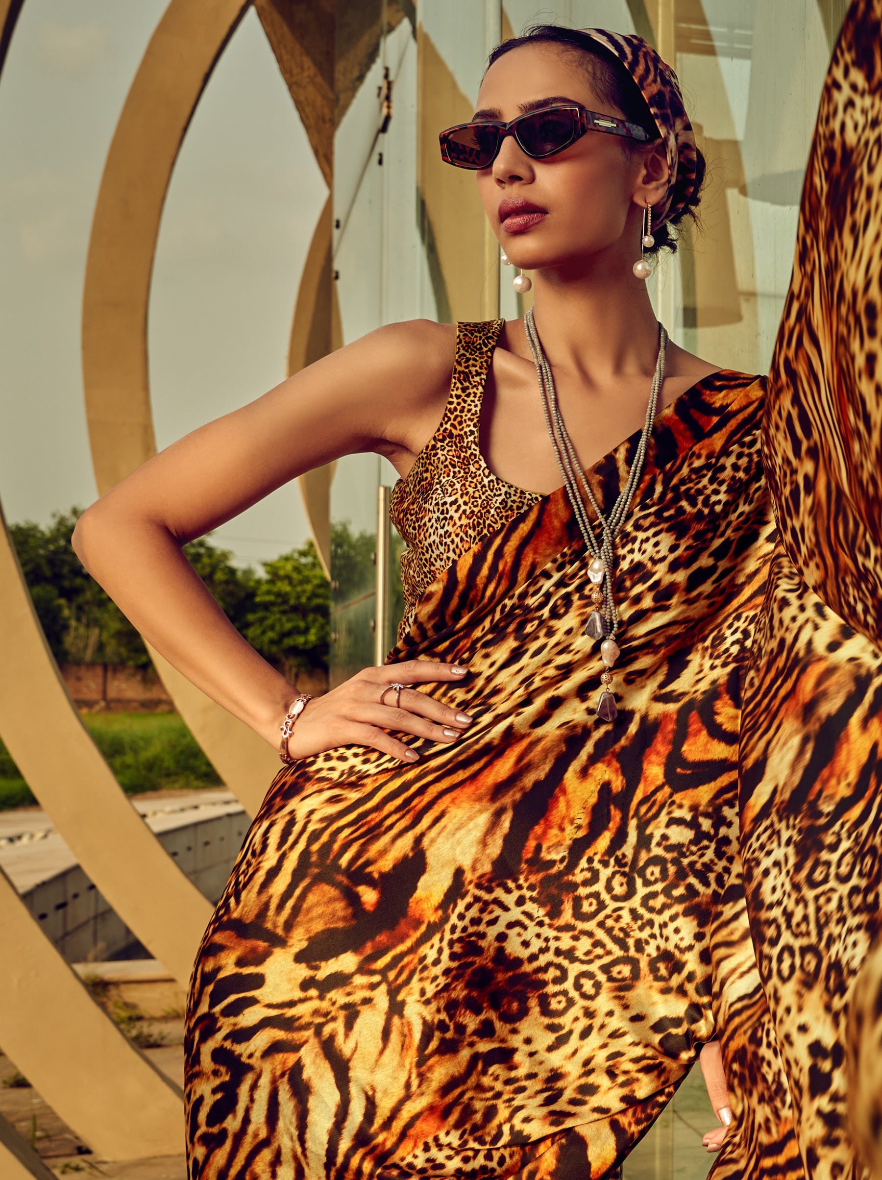 Tawny Brown Tiger Pattern Digital Satin Crepe Saree - TrendOye